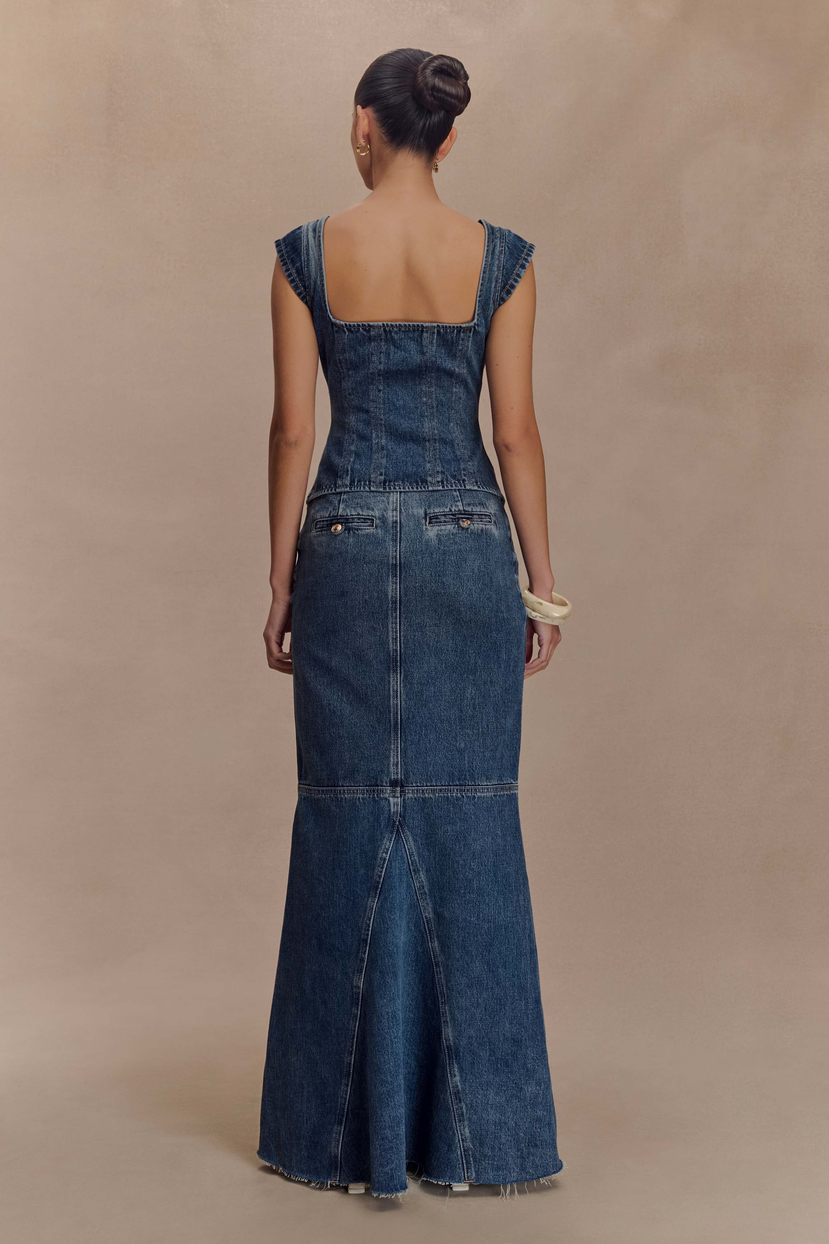 Loretta Denim Maxi Skirt Washed Dark Blue