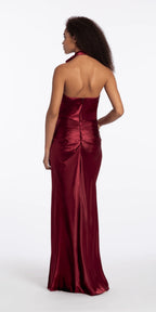 Satin Cowl Neck Halter Column Dress with Side Ruching
