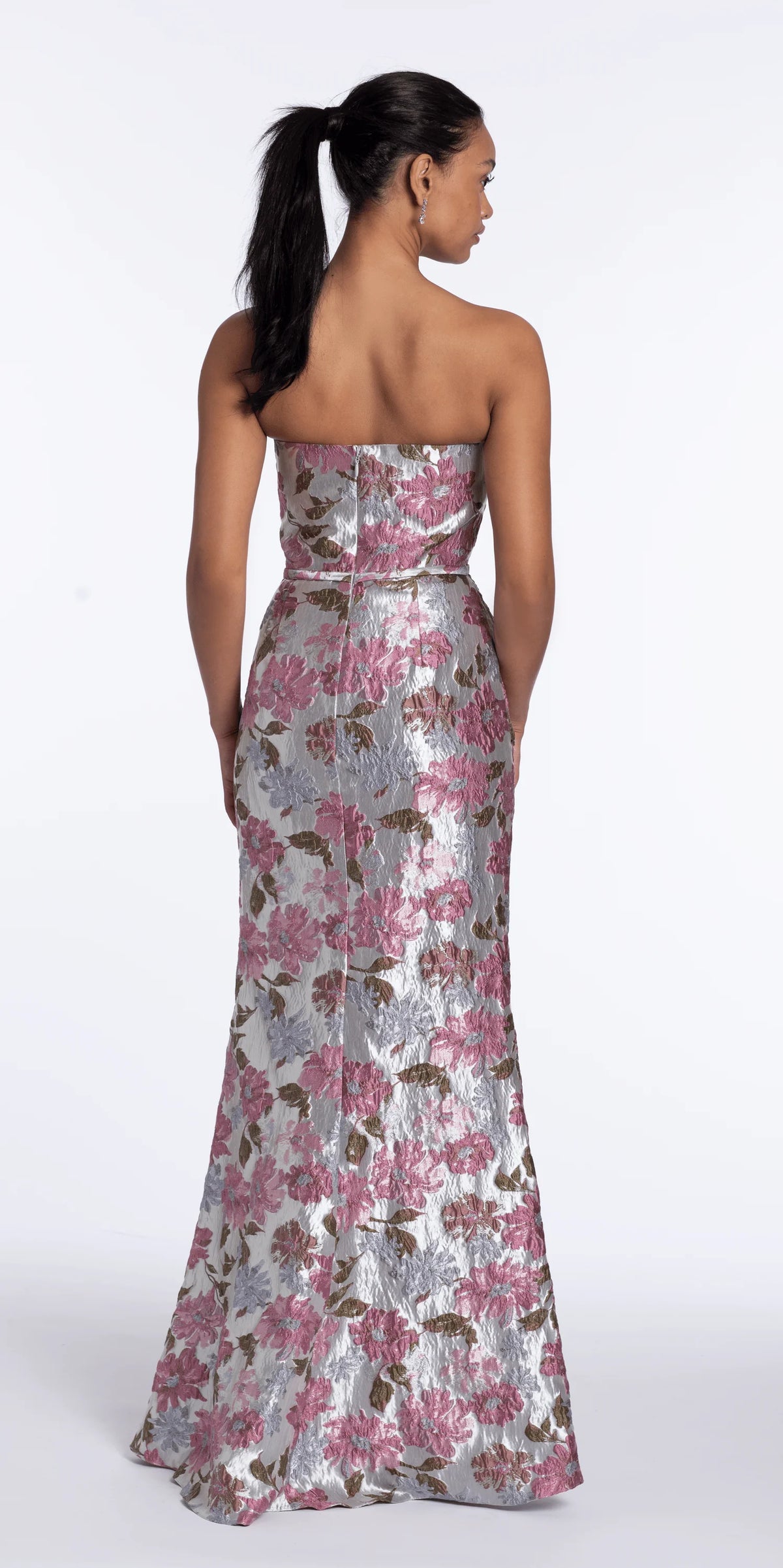 Angled Peplum Strapless Metallic Floral Jacquard Dress