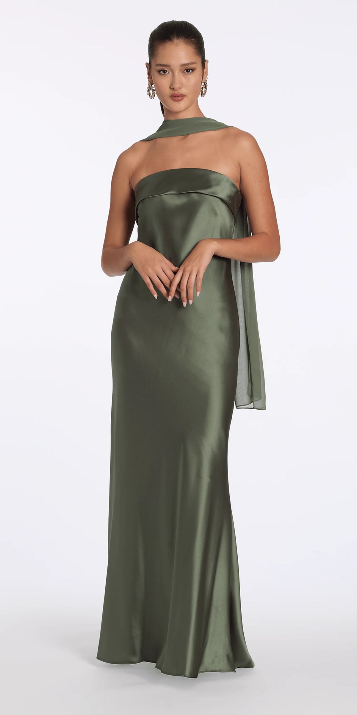 Strapless Satin Cuff Column Dress with Chiffon Shawl