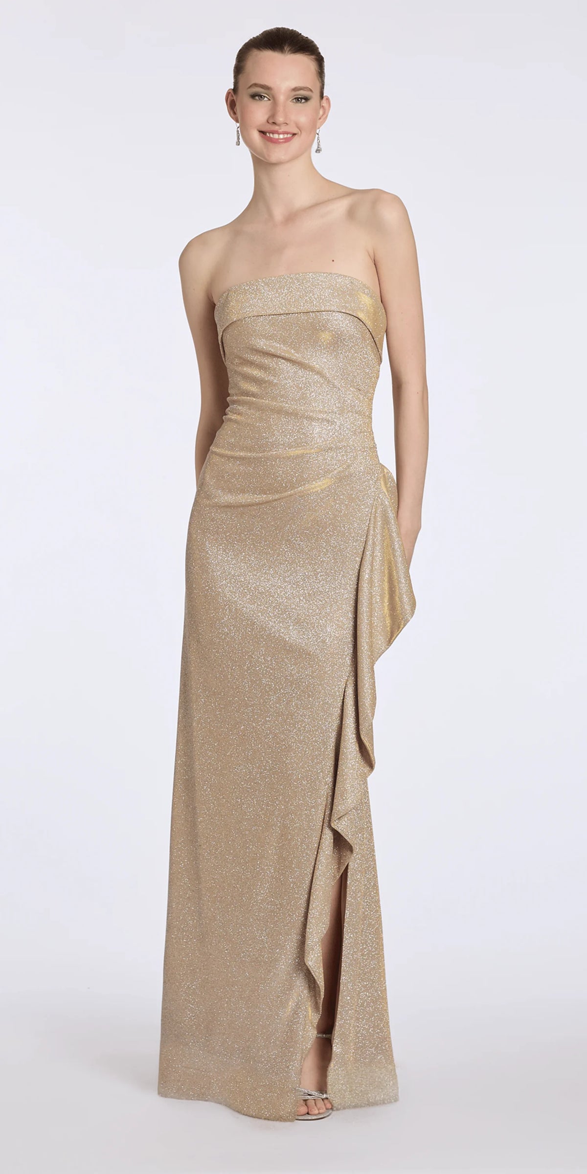 Strapless Cuff Glitter Knit Column Dress with Side Cascade