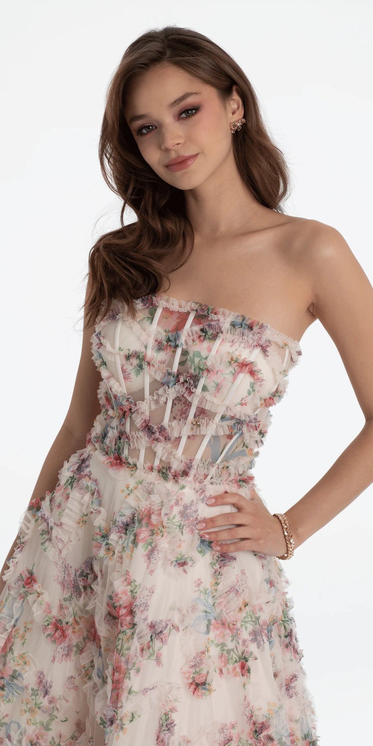 Strapless Ruffle Floral Print Ballgown