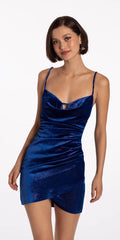 Iridescent Cowl Neck Velvet Lace Up Back Bodycon Dress