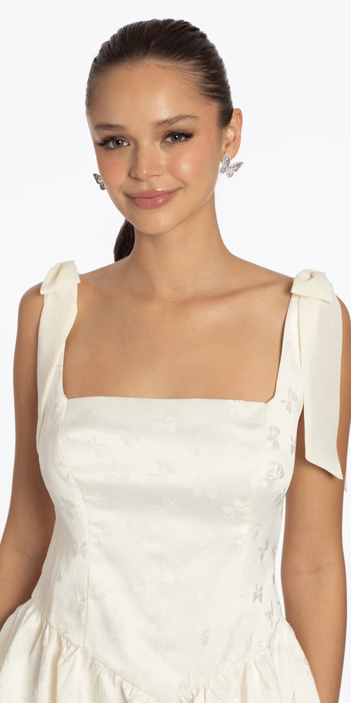 Basque Waist Jacquard Tie Shoulder Dress