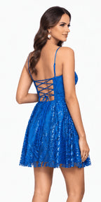 Strappy Back Glitter Mesh Sheer Corset Skater Dress with Pockets