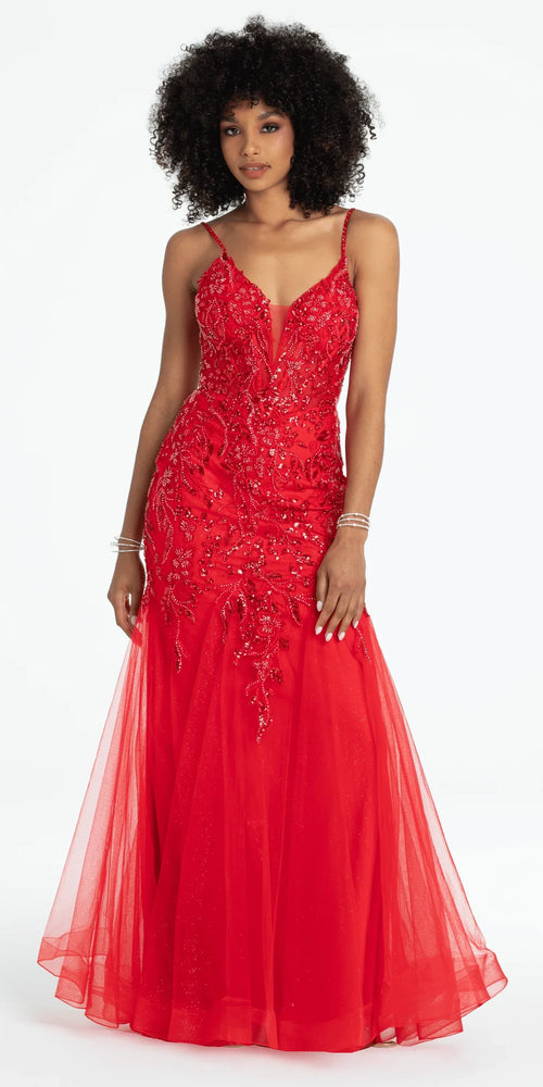 Beaded Embellished Plunging Glitter Mermaid Dress with Mesh Godets