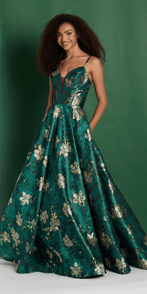 Floral Jacquard Plunge A Line Dress with Pockets