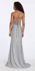 Sweetheart Glitter Knit Rhinestone Corset Column Dress with Side Slit