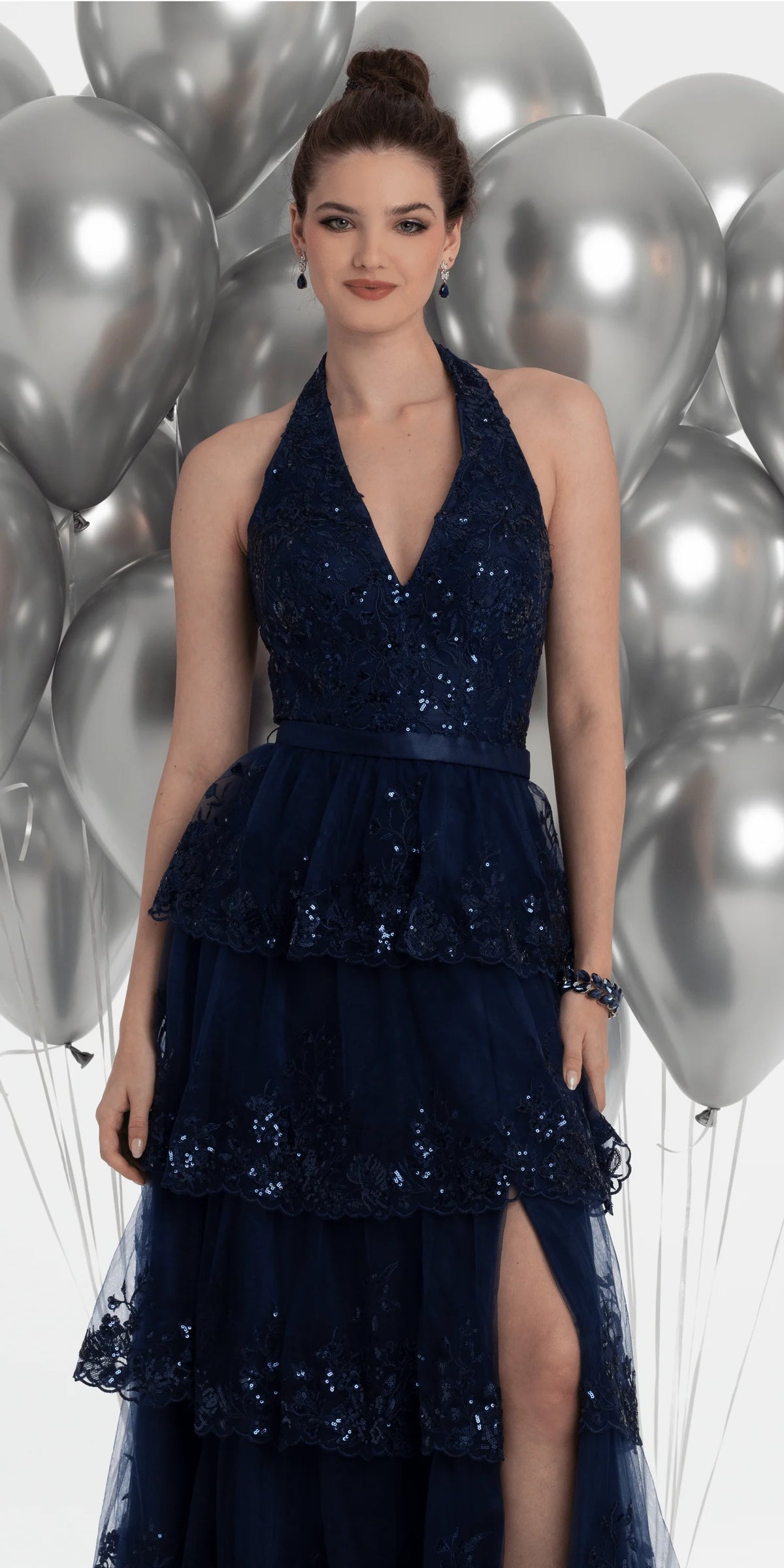Mesh Embroidered Tiered Halter A Line Dress