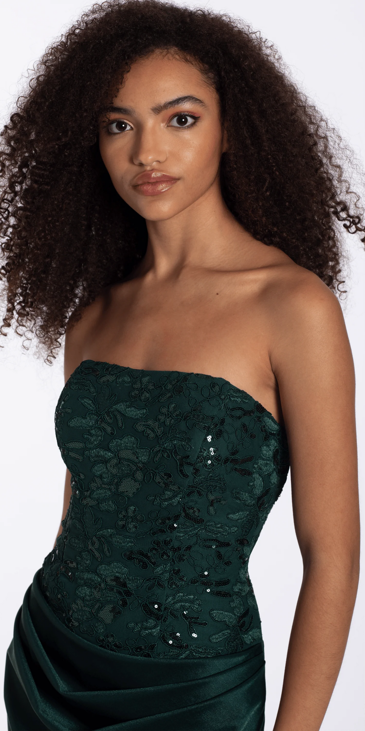 Strapless Embroidered Shimmer Bodycon Dress with Ruching