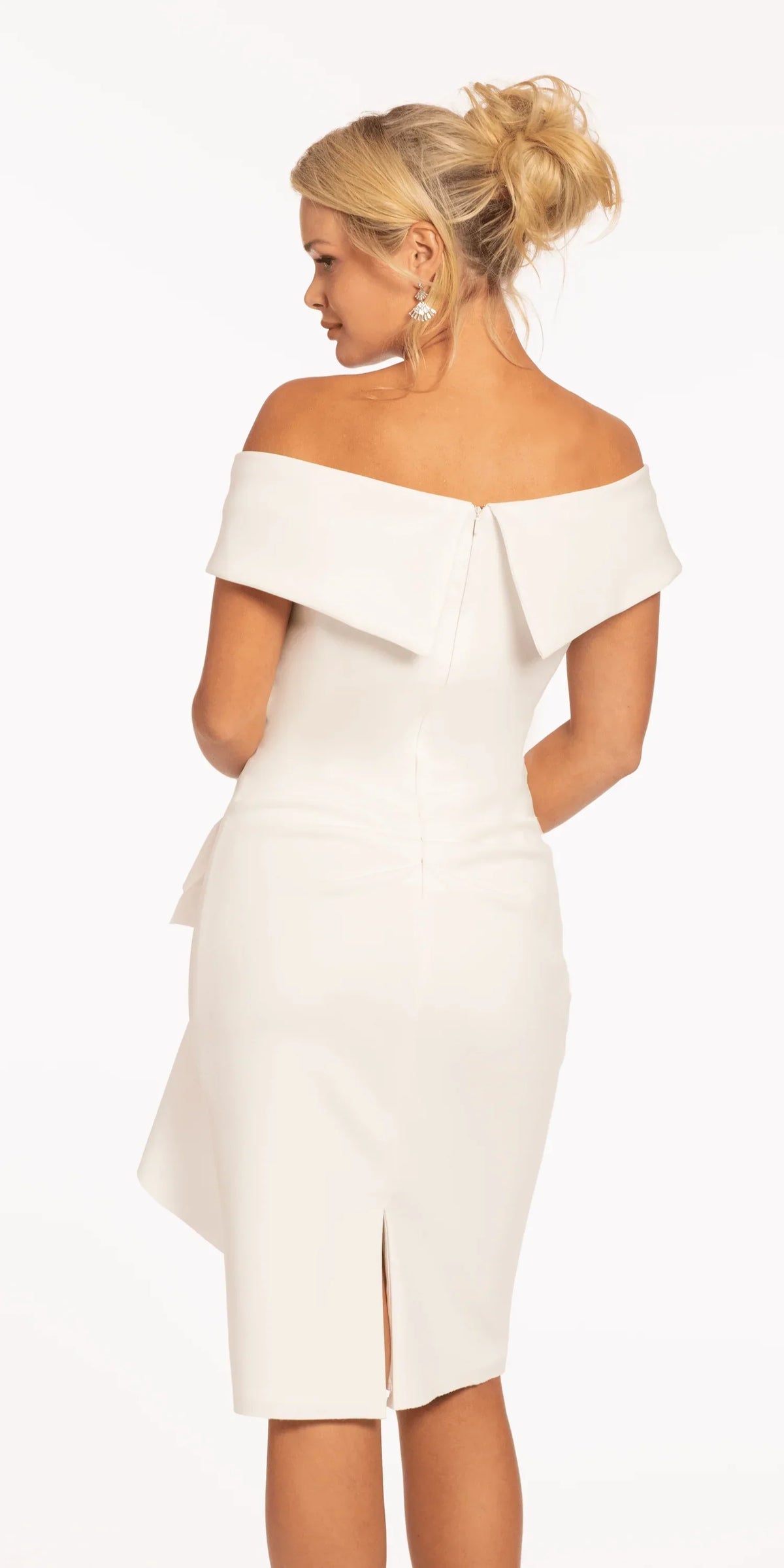 Off the Shoulder Midi Scuba Dress with Side Cascade