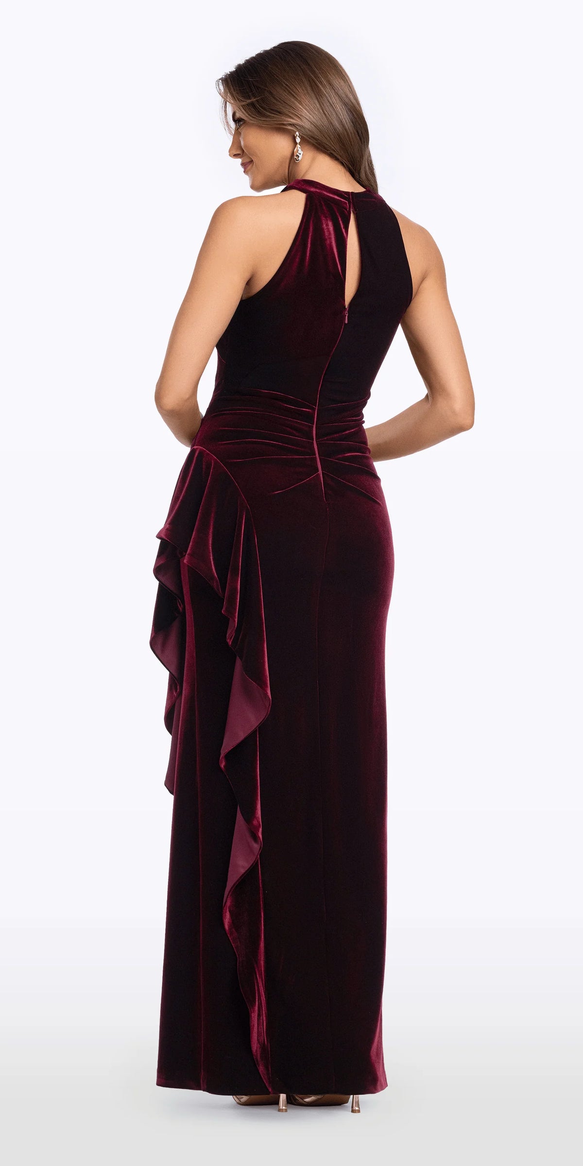 Velvet Crossover Halter Column Dress with Side Cascade