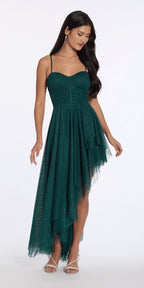 Strappy Back Glitter Mesh Sweetheart Corset High Low Dress