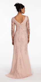 3 4 Sleeve Mesh Embroidered Column Dress with Heat Set Beads