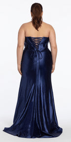 Pointed Rhinestone Satin Strapless Corset Column Dress