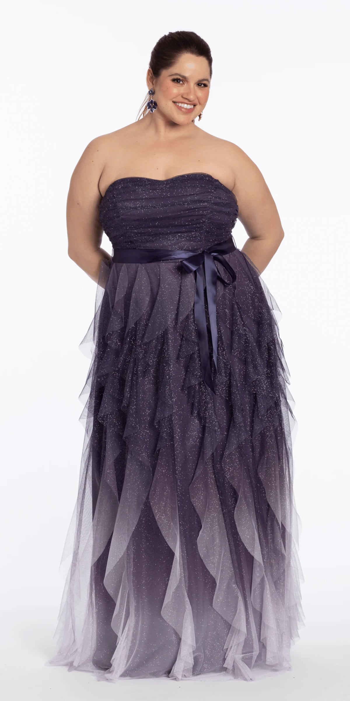 Pleated Strapless Ombre Glitter Mesh A Line Dress