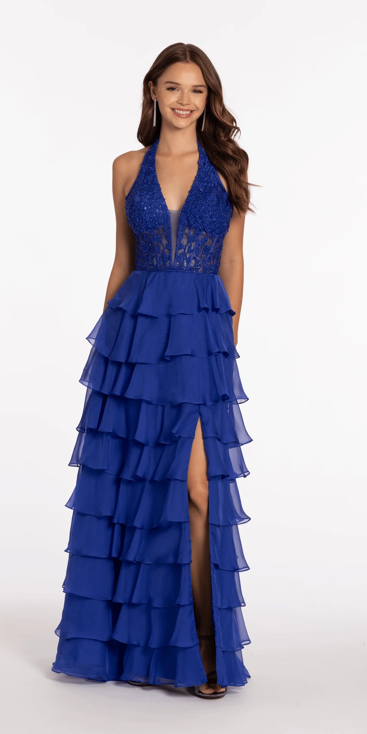 Chiffon Tiered Halter A Line Dress with Embellished Appliques
