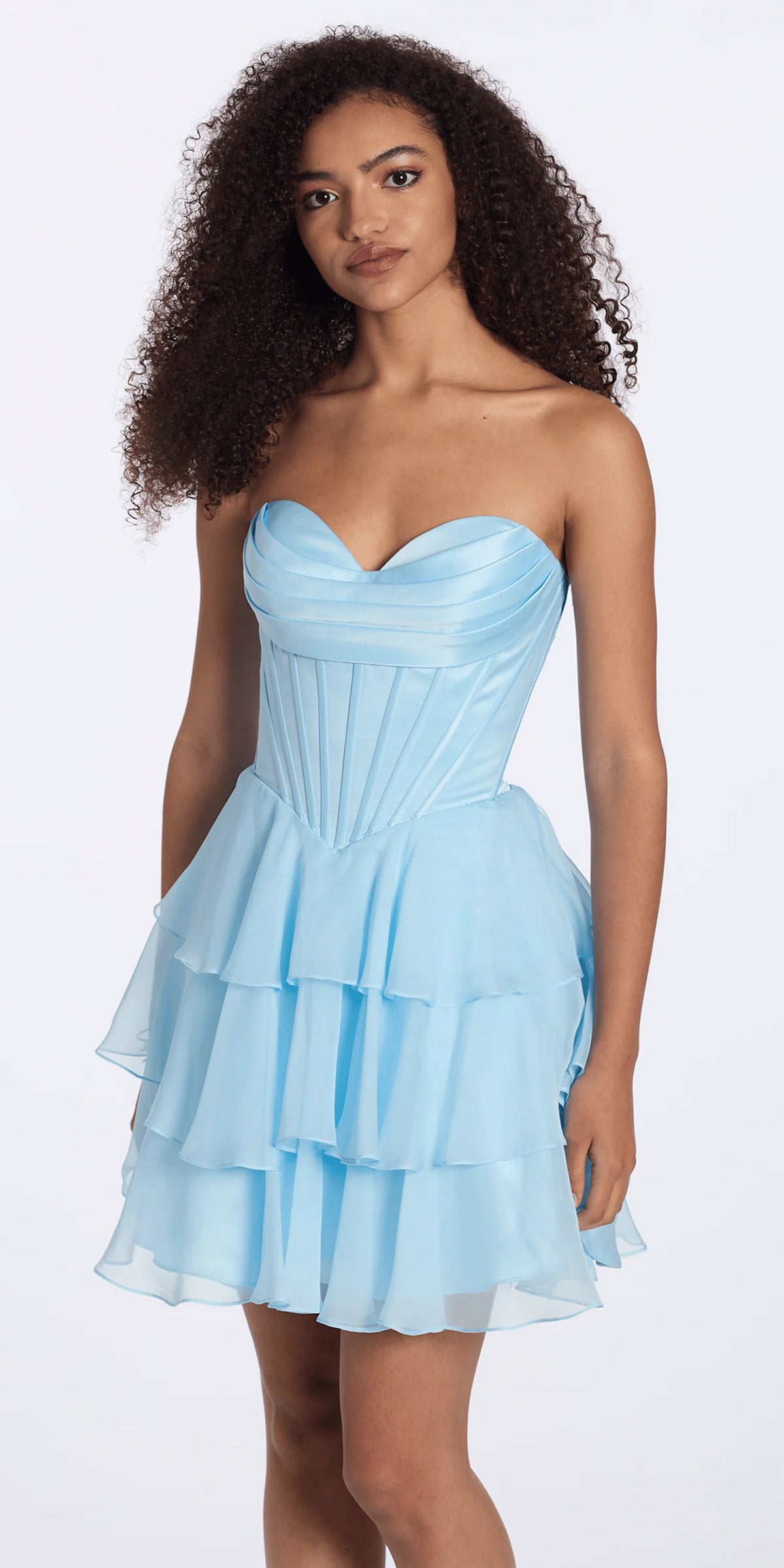 Satin Chiffon Strapless Tiered Corset Fit and Flare Dress