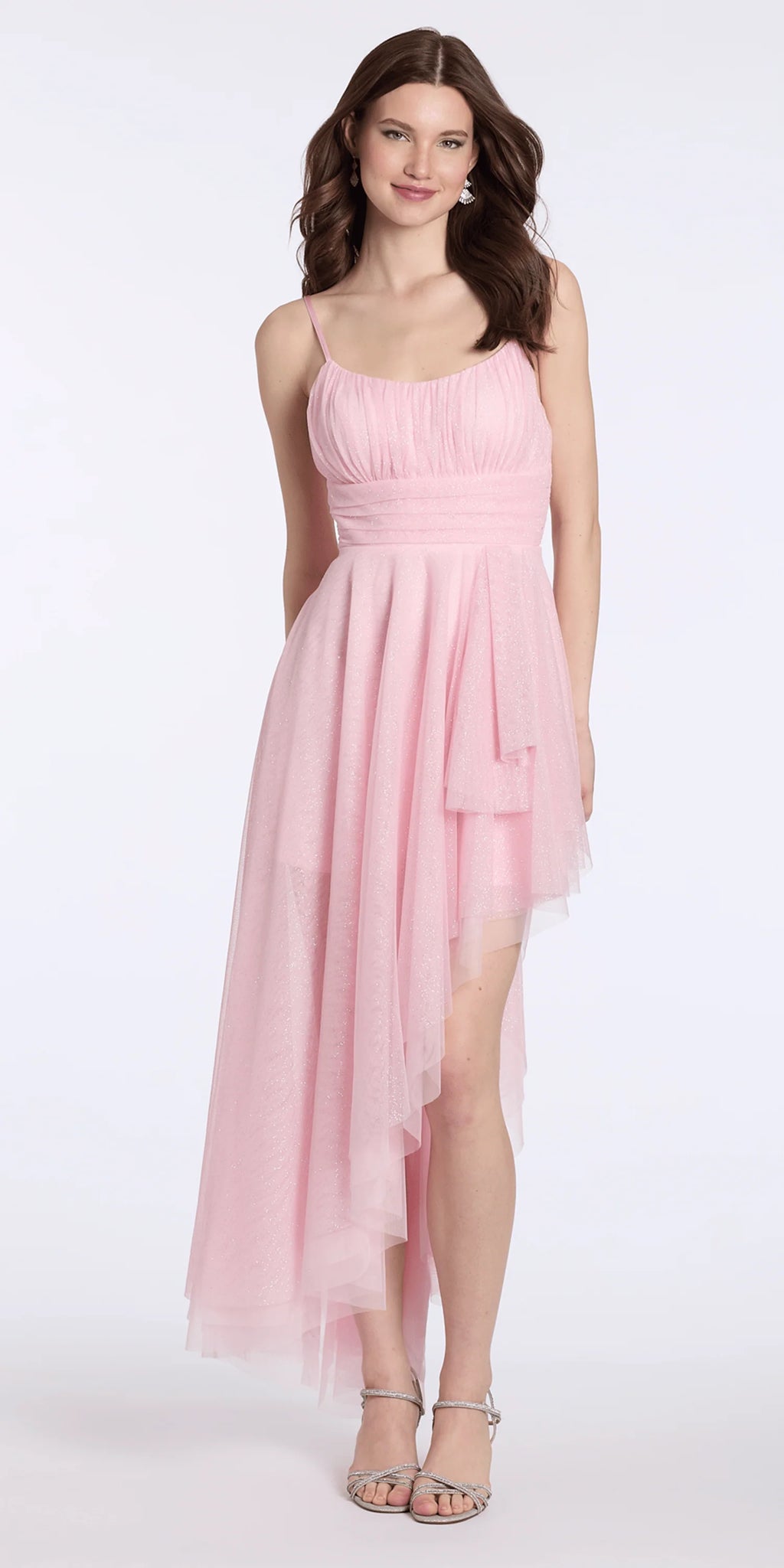 Glitter Mesh Scoop Neck Asymmetric High Low Dress