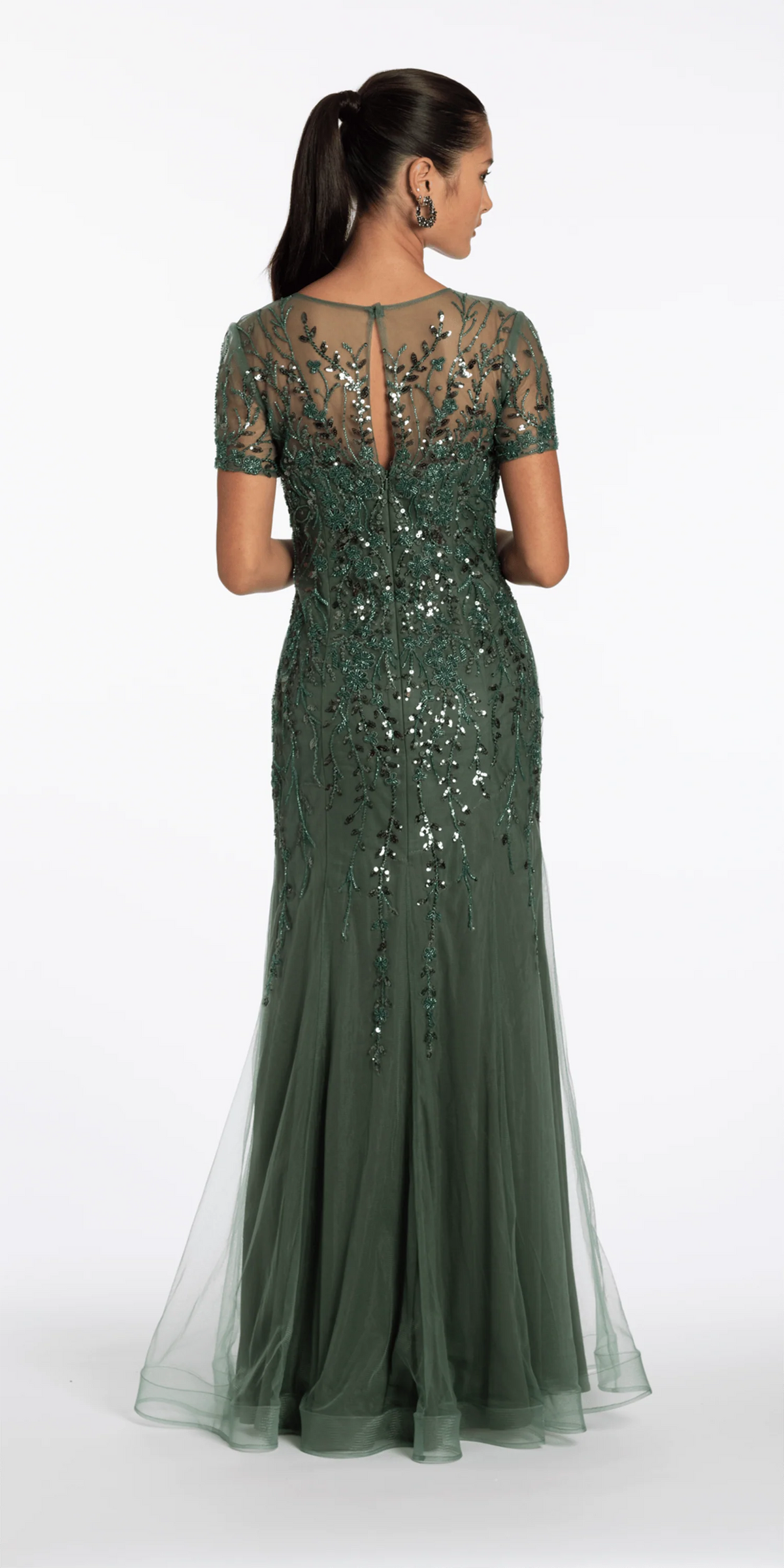Jewel Neck Embellished Short Sleeve Mesh Trumpet Dress