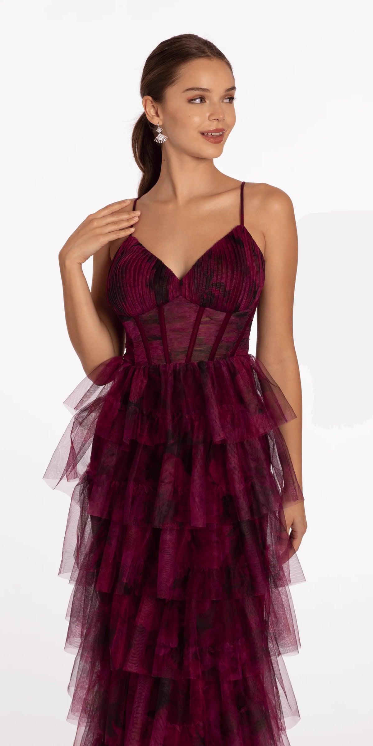 Print Mesh Sweetheart Corset Tiered Dress