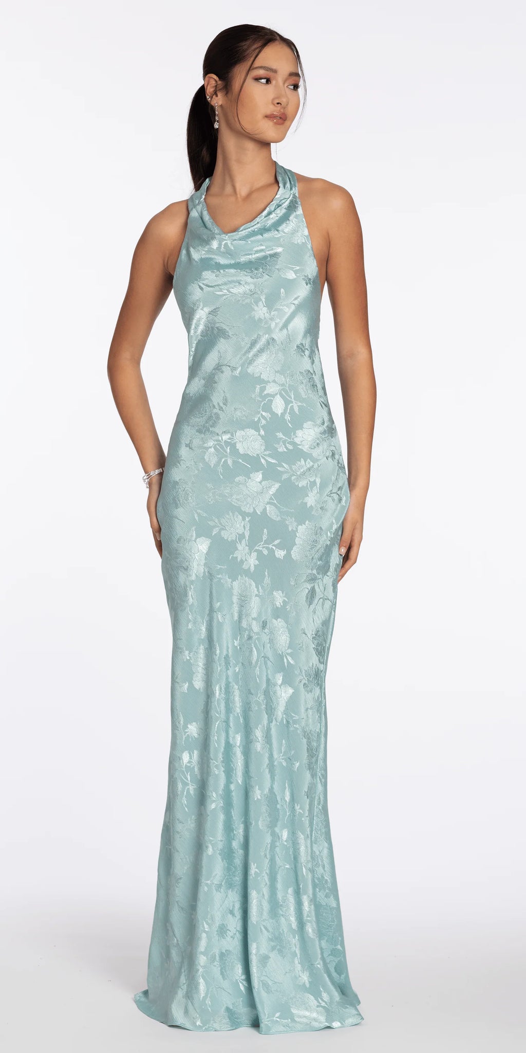 Drape Neck Tie Back Jacquard Column Dress