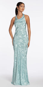 Drape Neck Tie Back Jacquard Column Dress