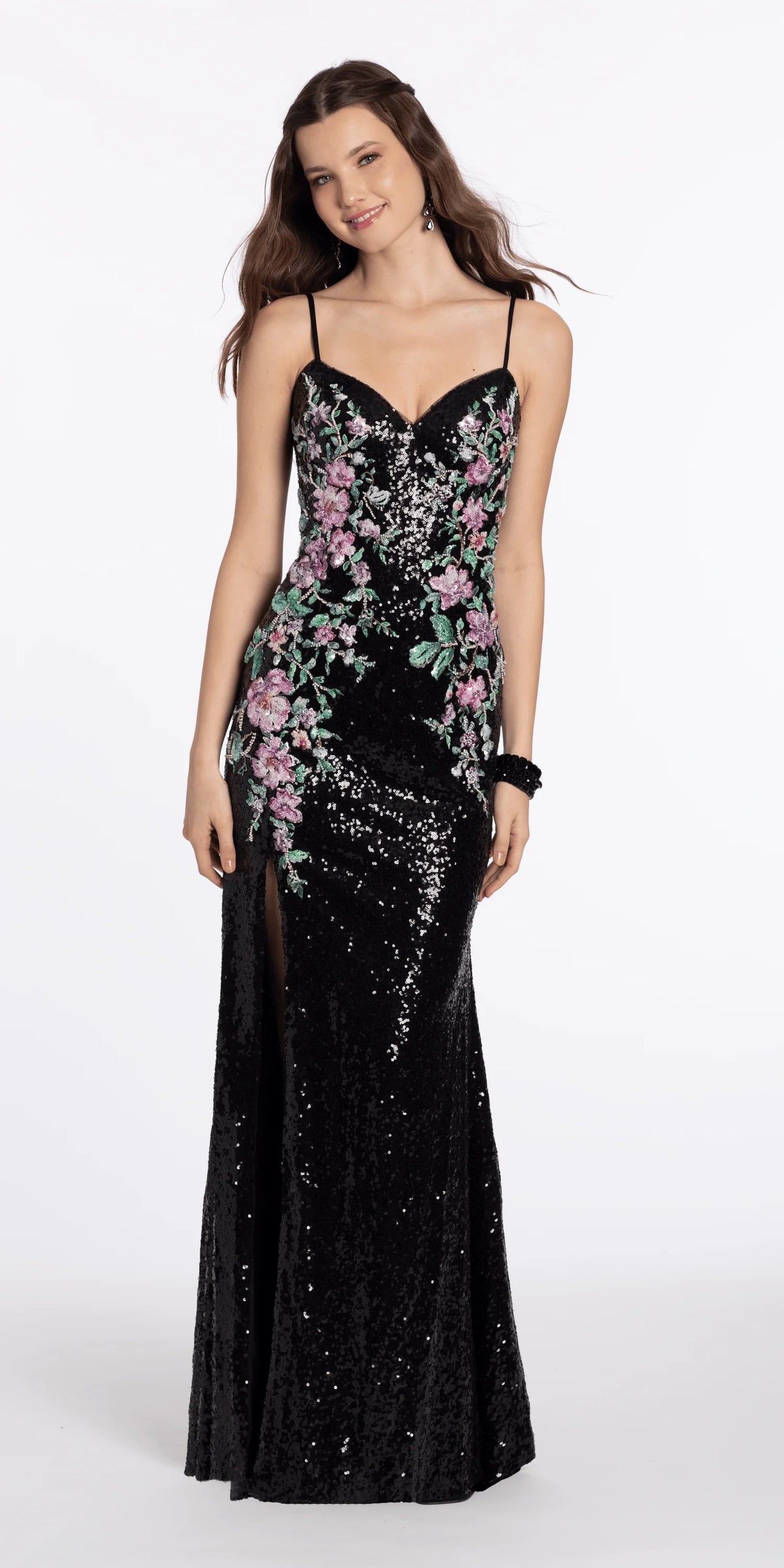 Sweetheart Sequin Column Dress with Embellished Floral Detail
