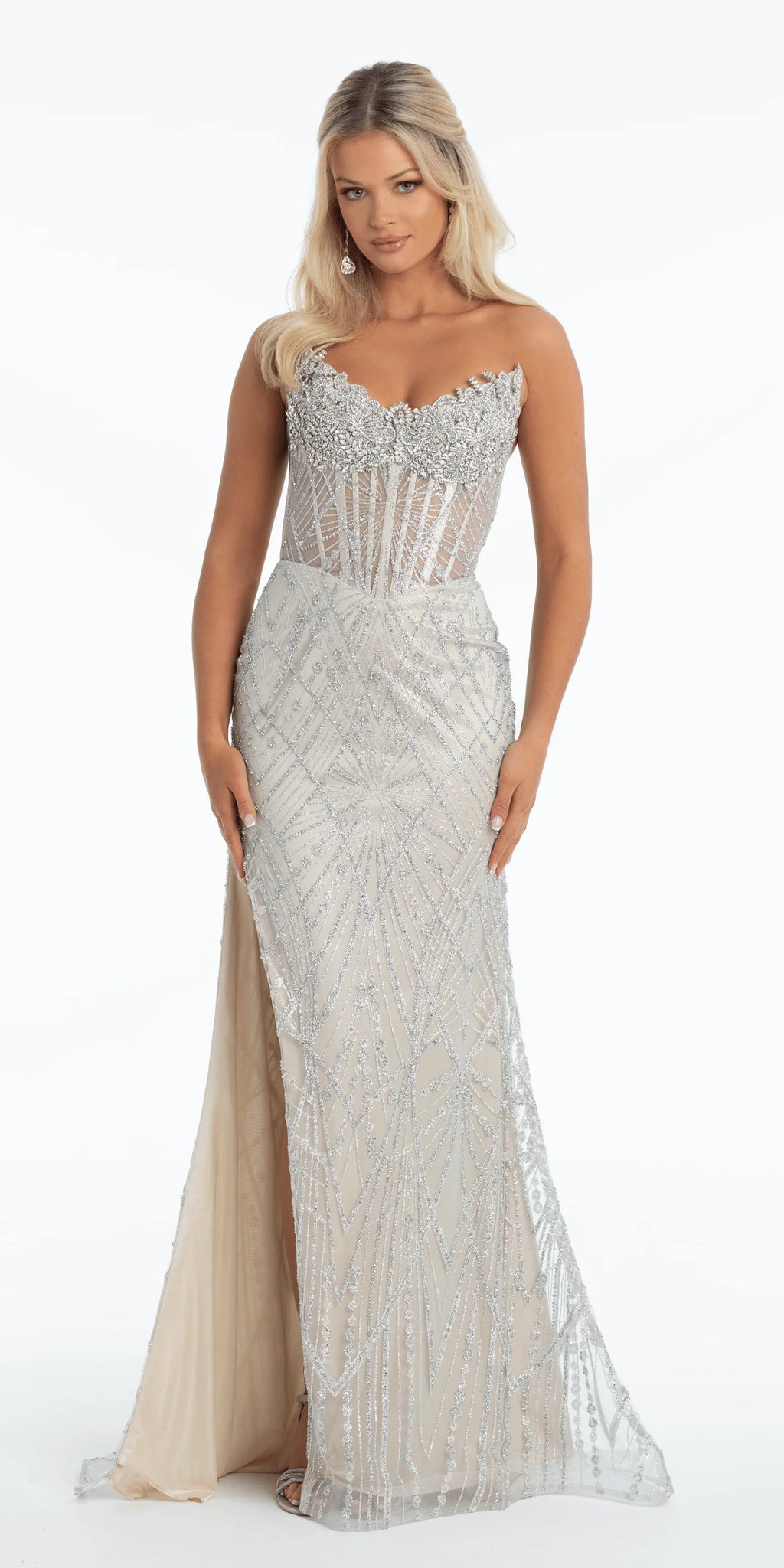 Pointed Strapless Rhinestone Glitter Mesh Column Dress with Side Slit