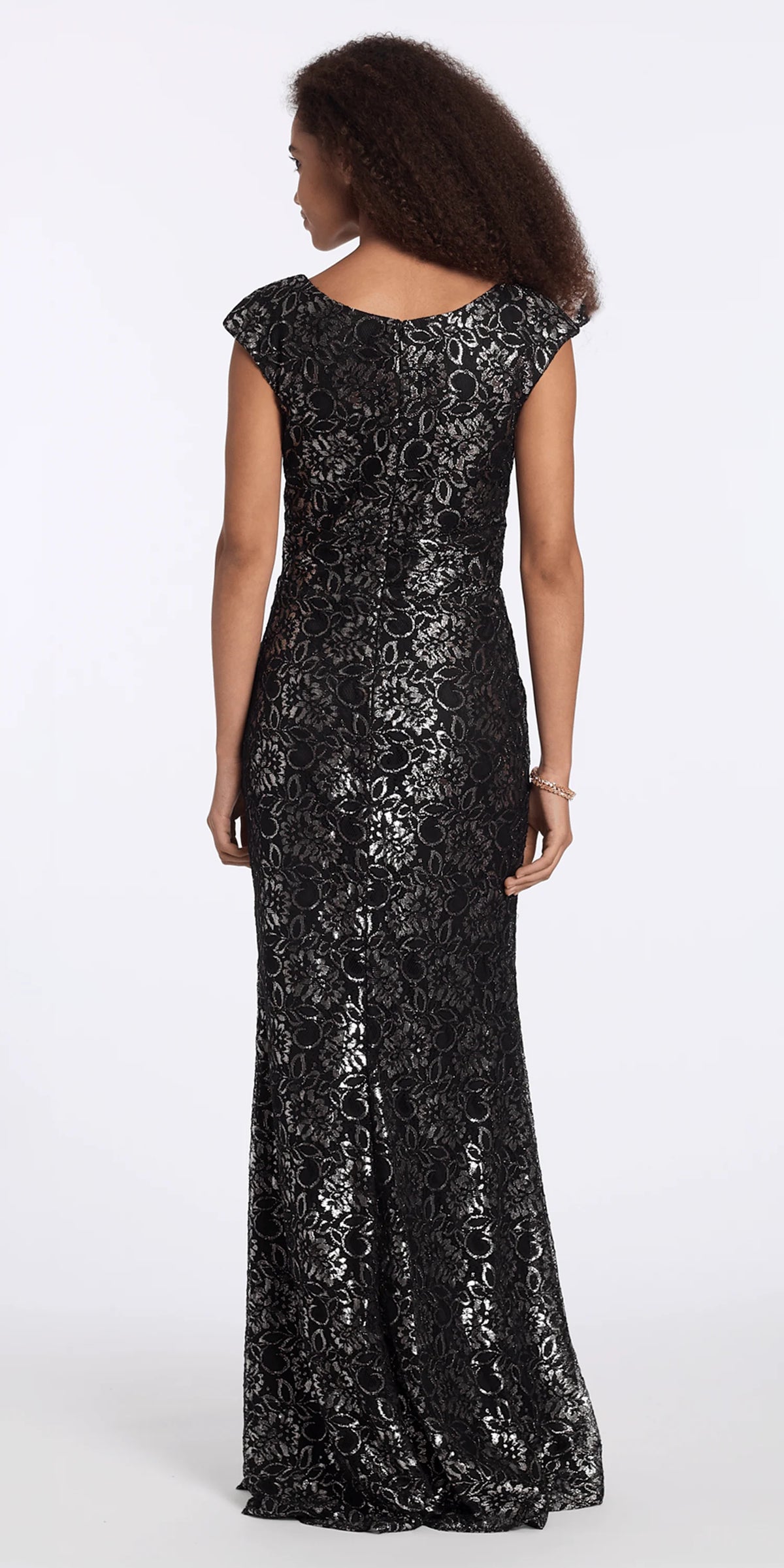 Floral Metallic Lace Scoop Neck Cap Sleeve Column Dress