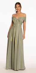 Two Tone Metallic Off the Shoulder Mock Wrap Dress