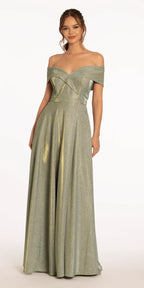 Two Tone Metallic Off the Shoulder Mock Wrap Dress