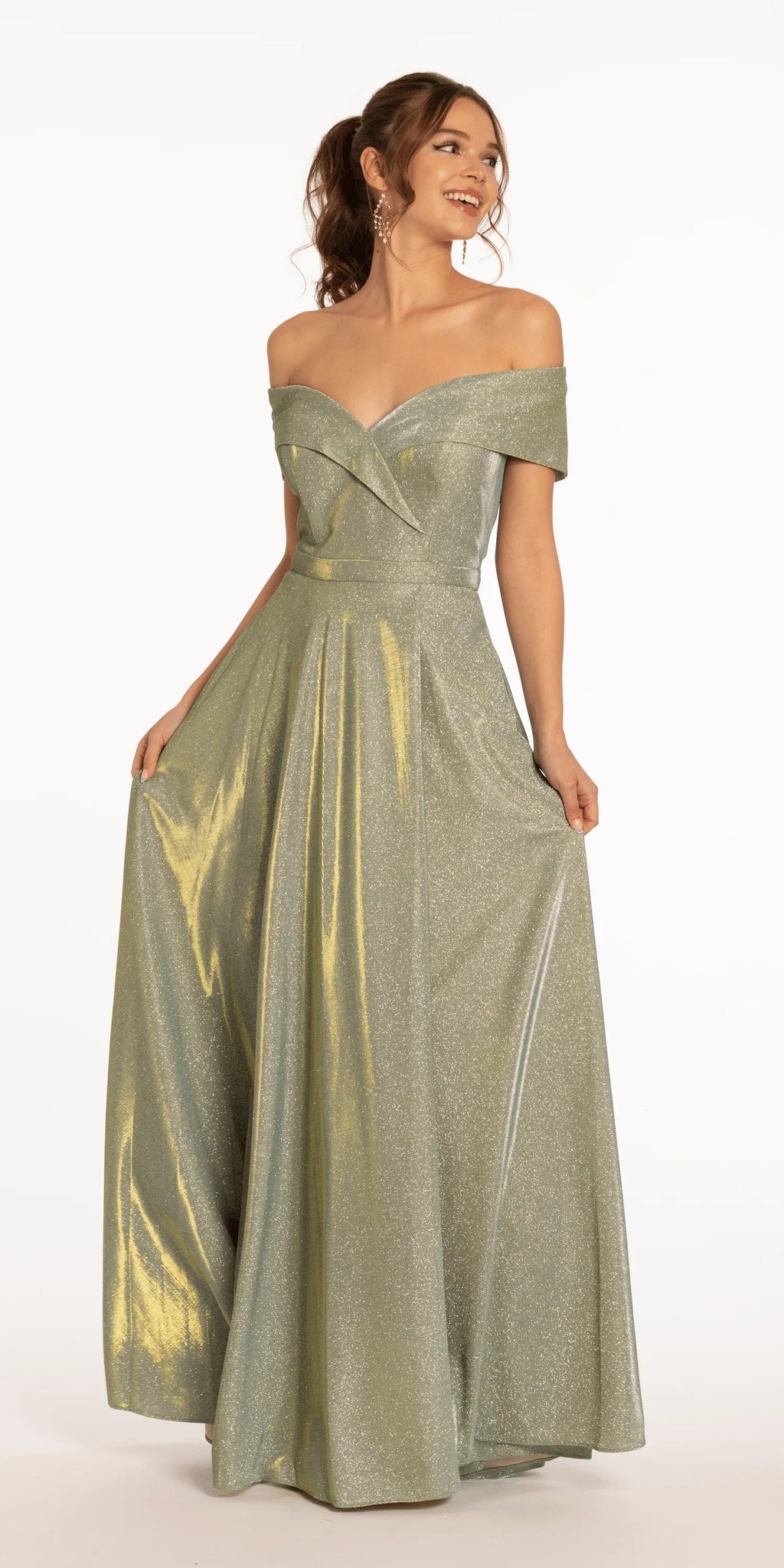 Two Tone Metallic Off the Shoulder Mock Wrap Dress