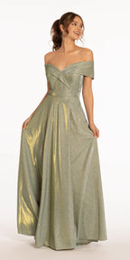 Two Tone Metallic Off the Shoulder Mock Wrap Dress