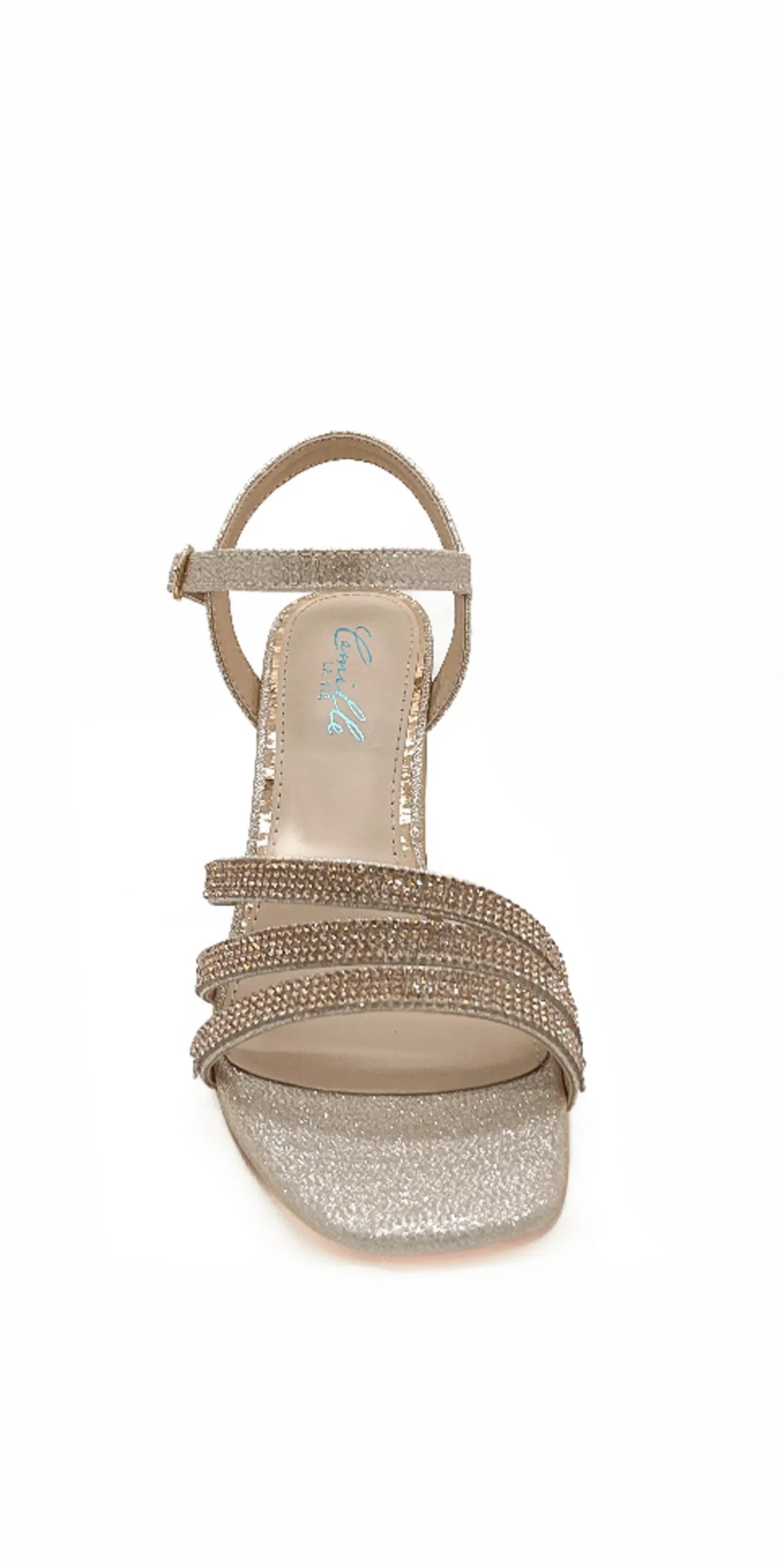 Rhinestone Strappy Block Heel Glitter Sandal