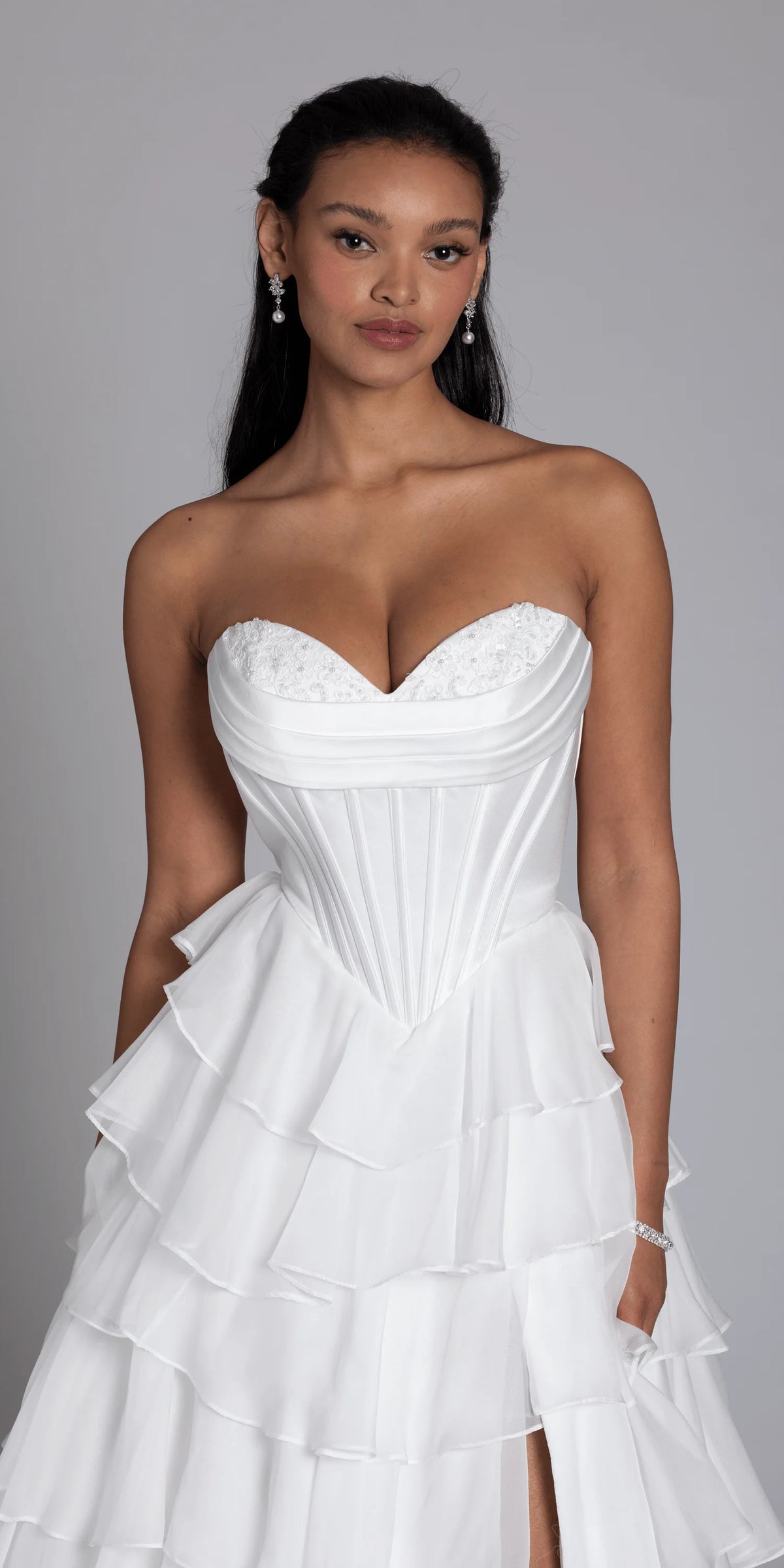 Strapless Tiered Chiffon and Satin Pleated Corset Ballgown