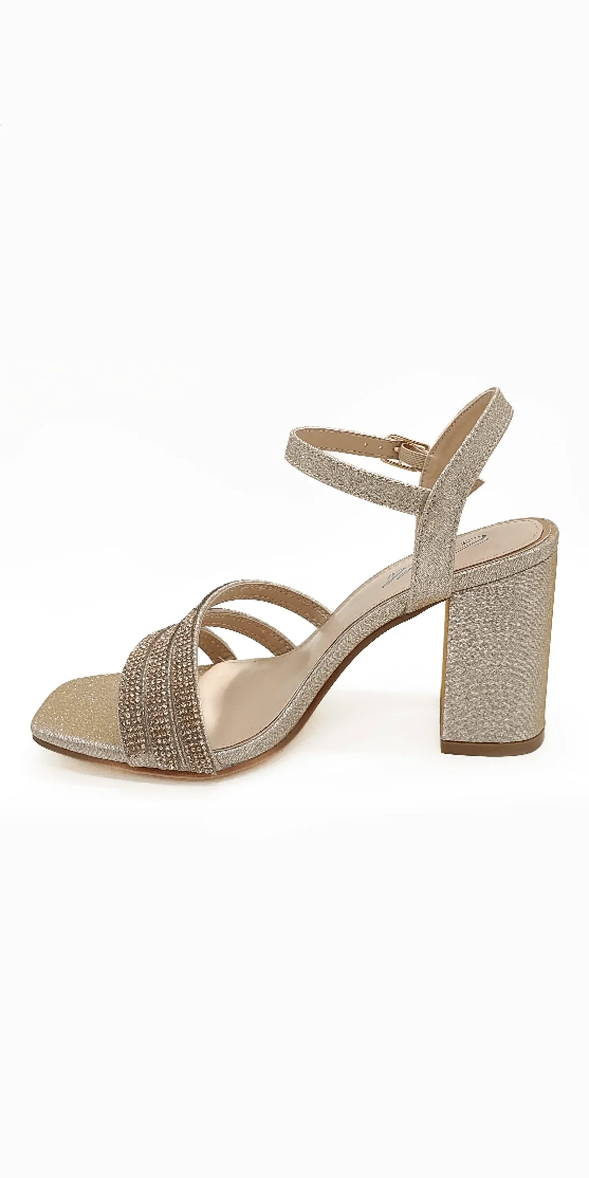 Rhinestone Strappy Block Heel Glitter Sandal