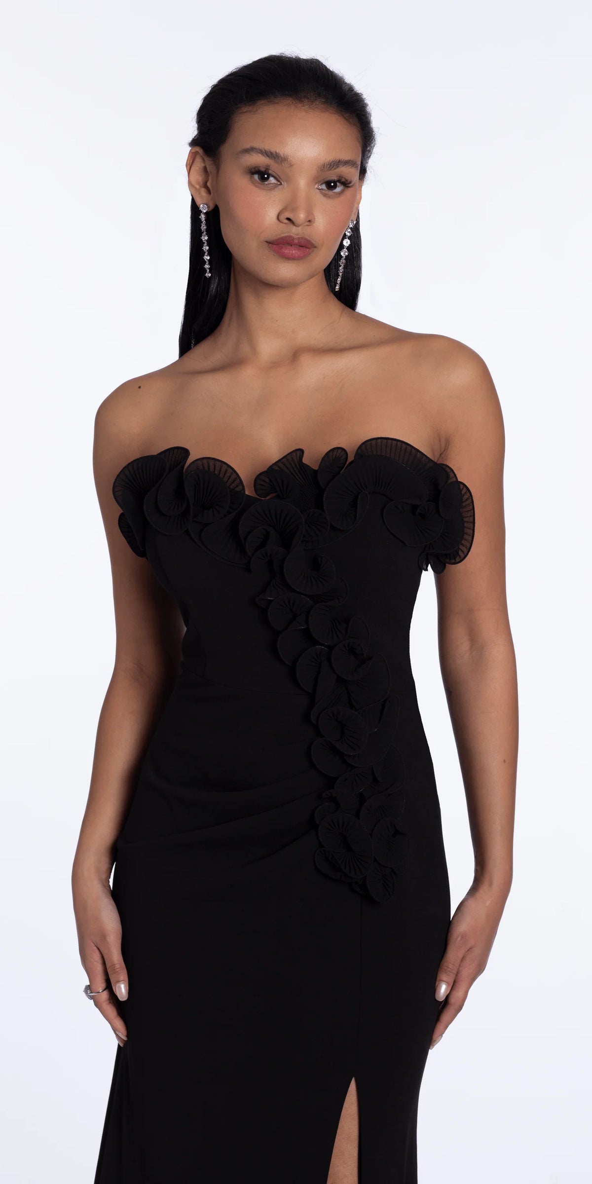 Strapless Ruffle Crepe Column Dress with Side Ruffle