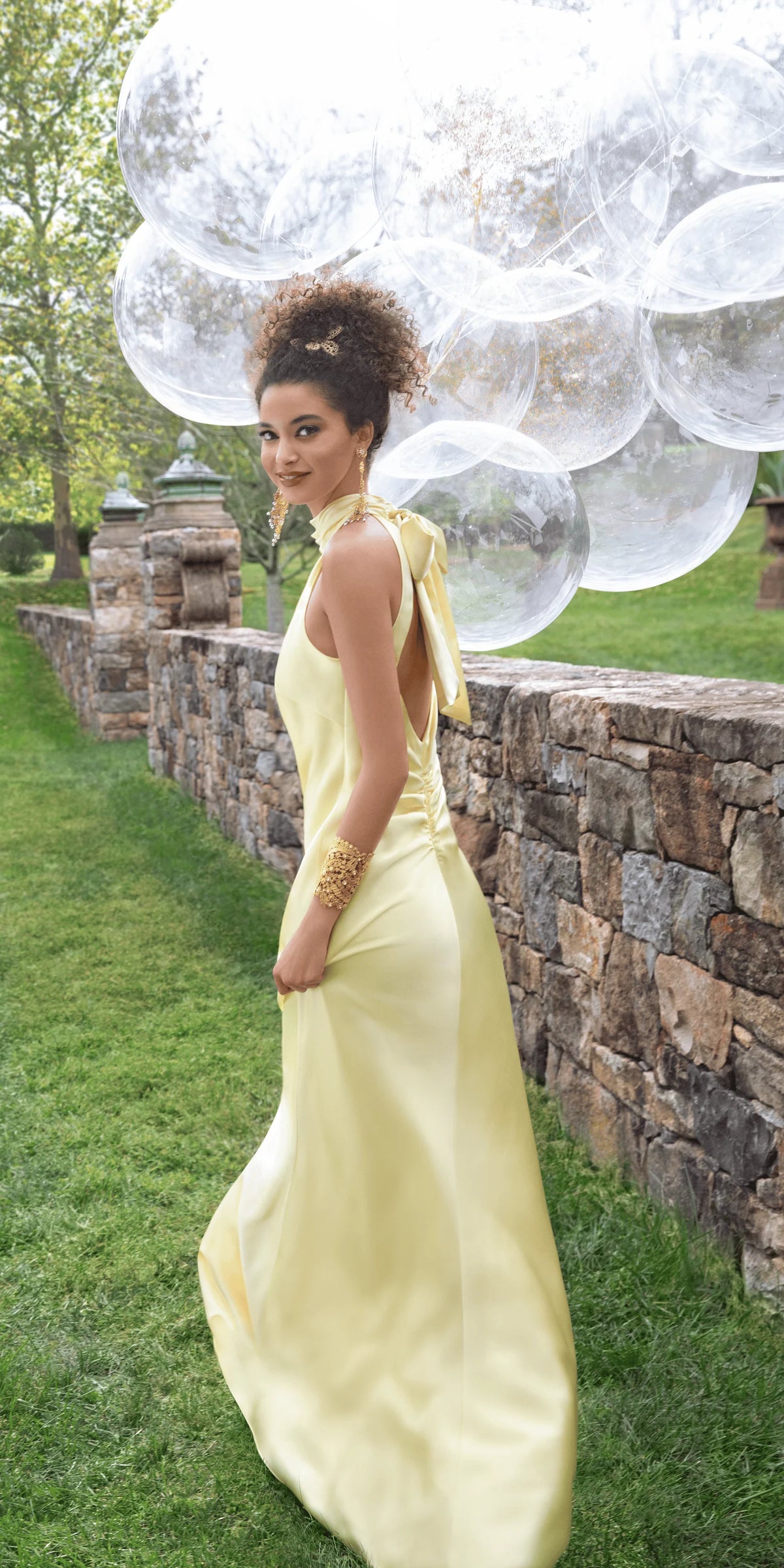 Charmeuse Satin Cutaway Halter Column Dress with Back Ruching