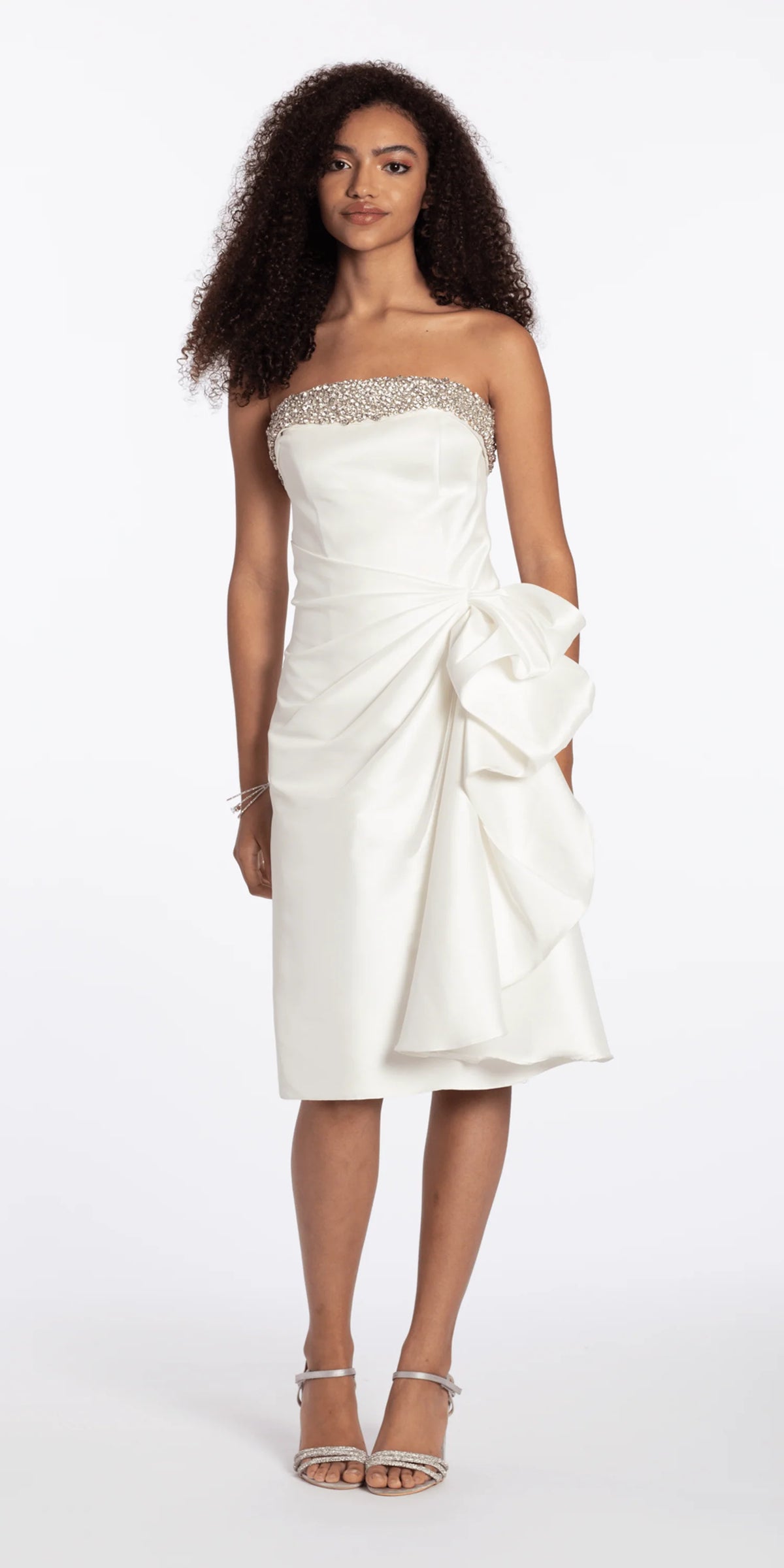 Embellished Strapless Mikado Midi Dress with Ruching