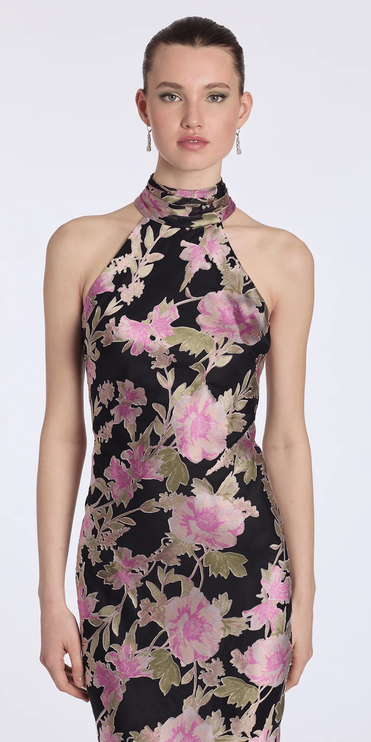 Floral Burnout Chiffon Halter Column Dress