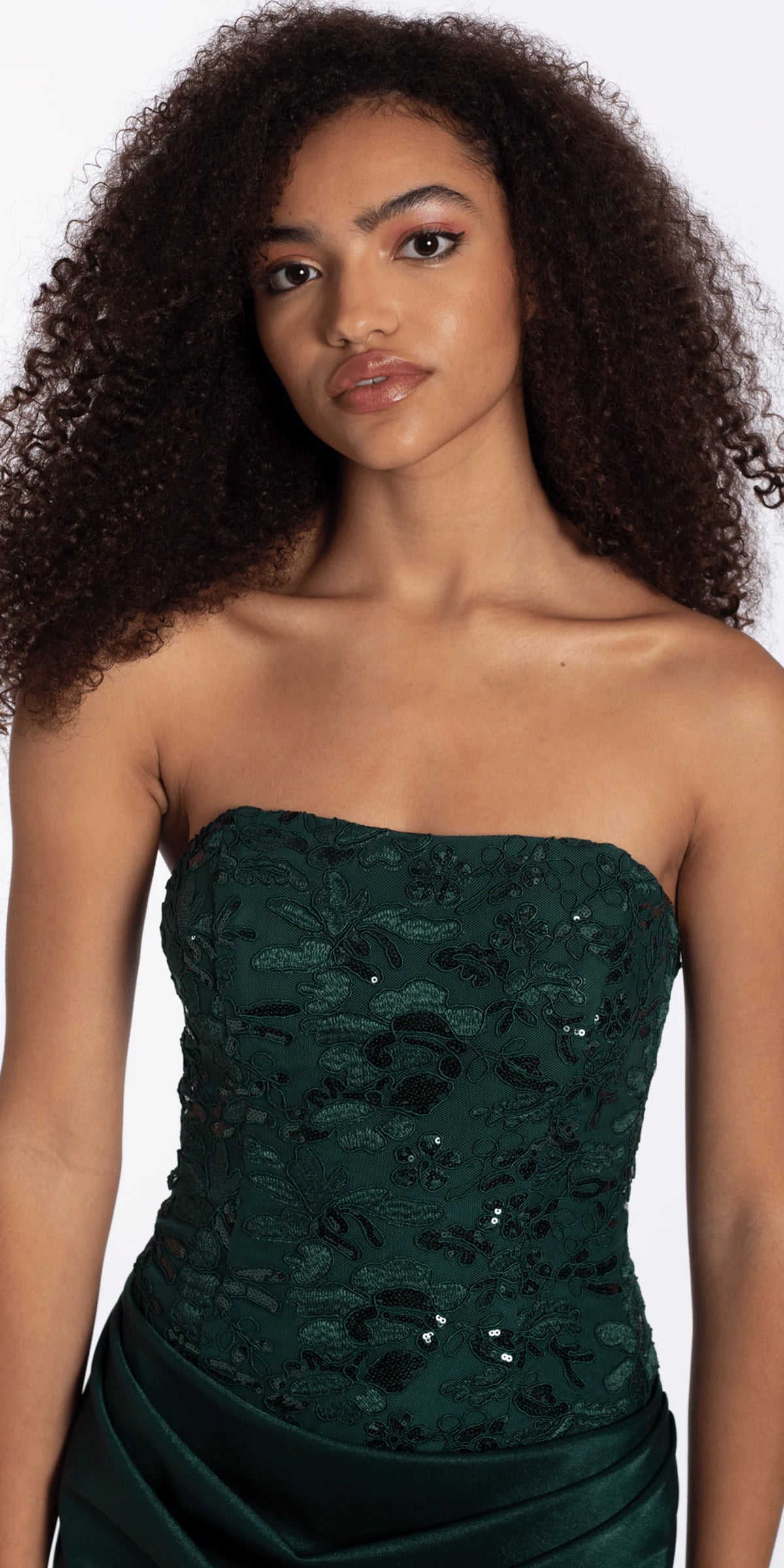 Strapless Embroidered Shimmer Bodycon Dress with Ruching