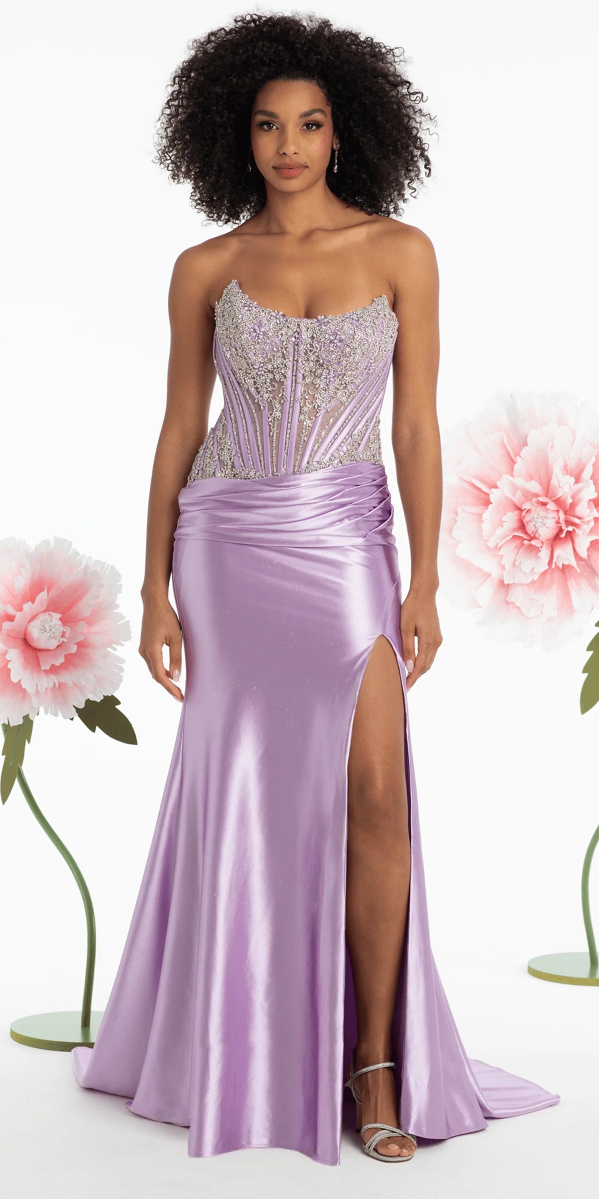 Strapless Satin Rhinestone Corset Column Dress