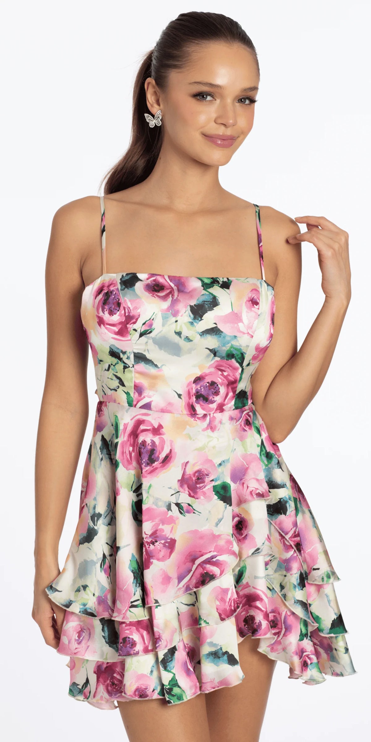 Rose Print Satin Tiered Tie Back Skater Dress