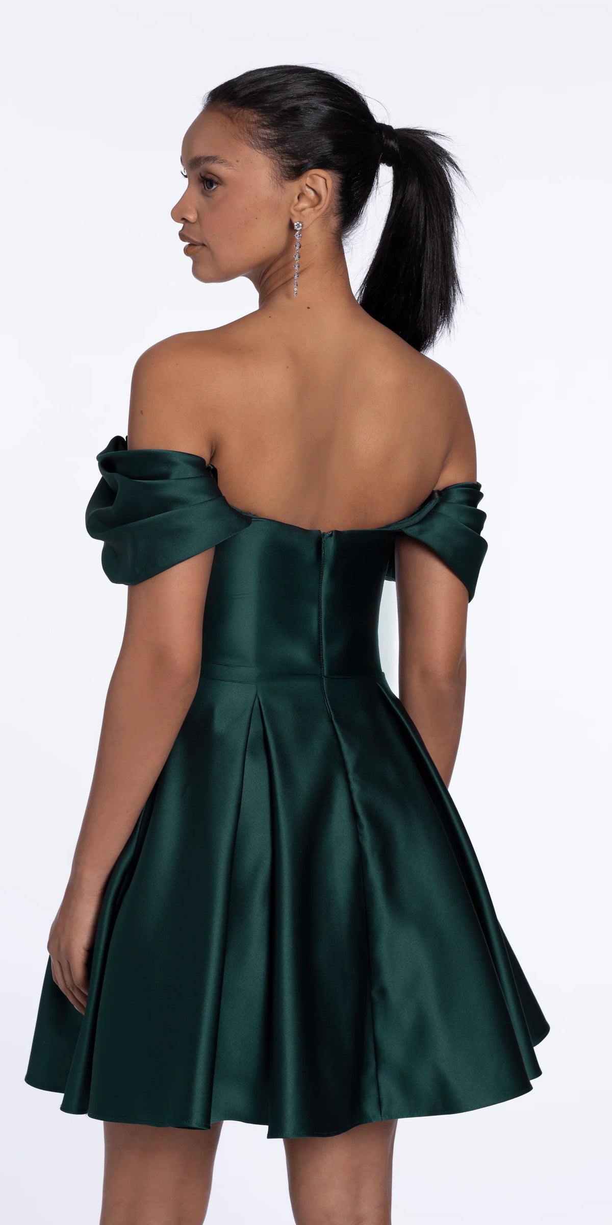 Satin Off the Shoulder Fit and Flare Dress with Princess Pleats
