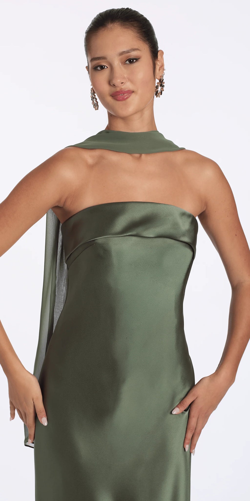 Strapless Satin Cuff Column Dress with Chiffon Shawl