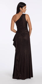 Two Tone Metallic One Shoulder Column Dress with Side Cascade