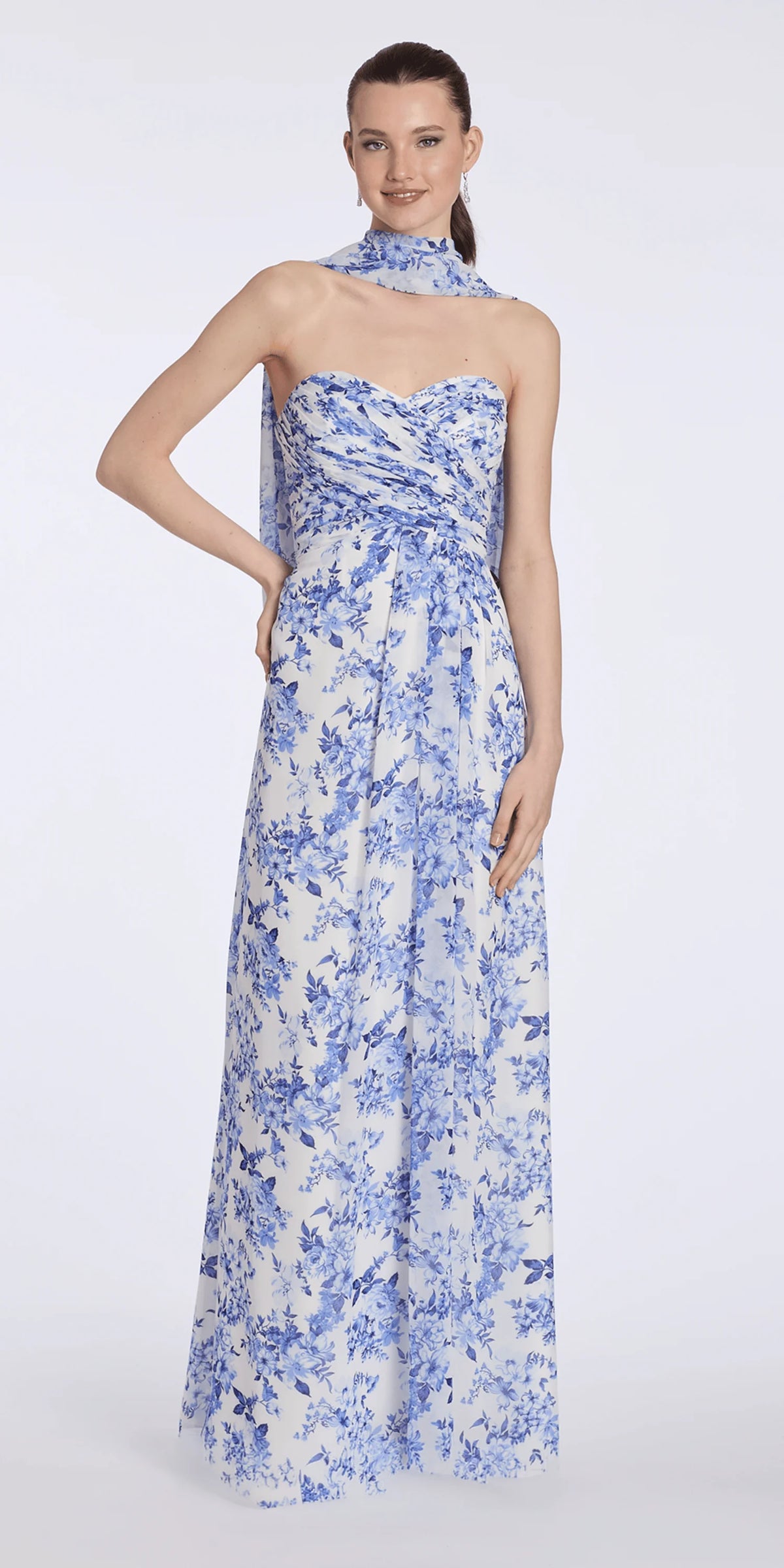 Floral Print Strapless Chiffon Pleated Column Dress with Scarf