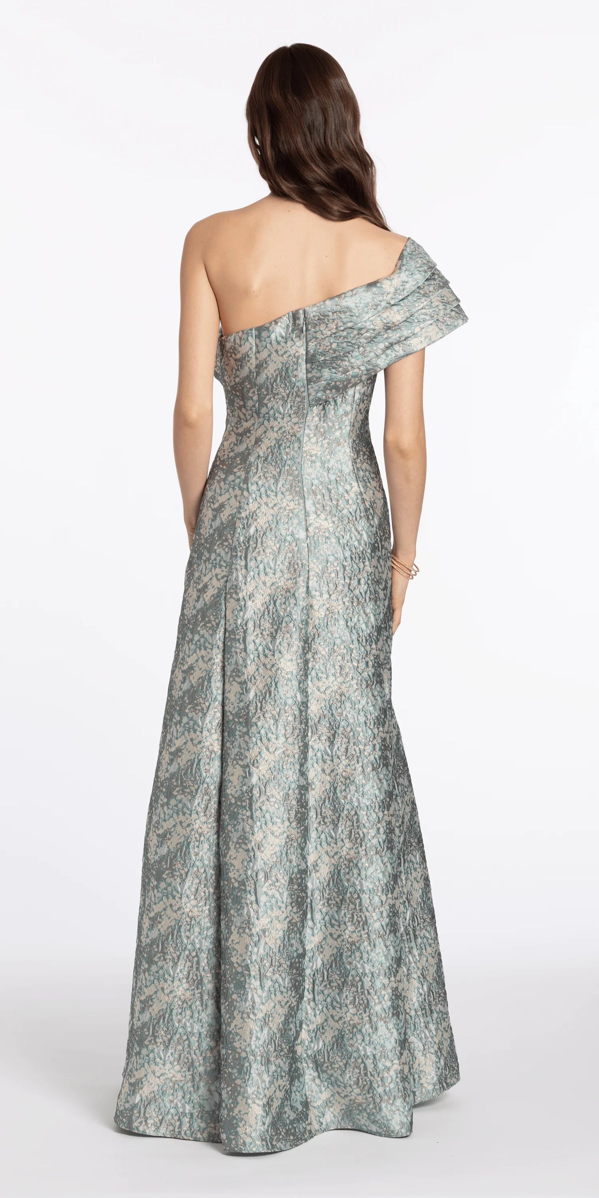 Pleated One Shoulder Floral Brocade A Line Dress