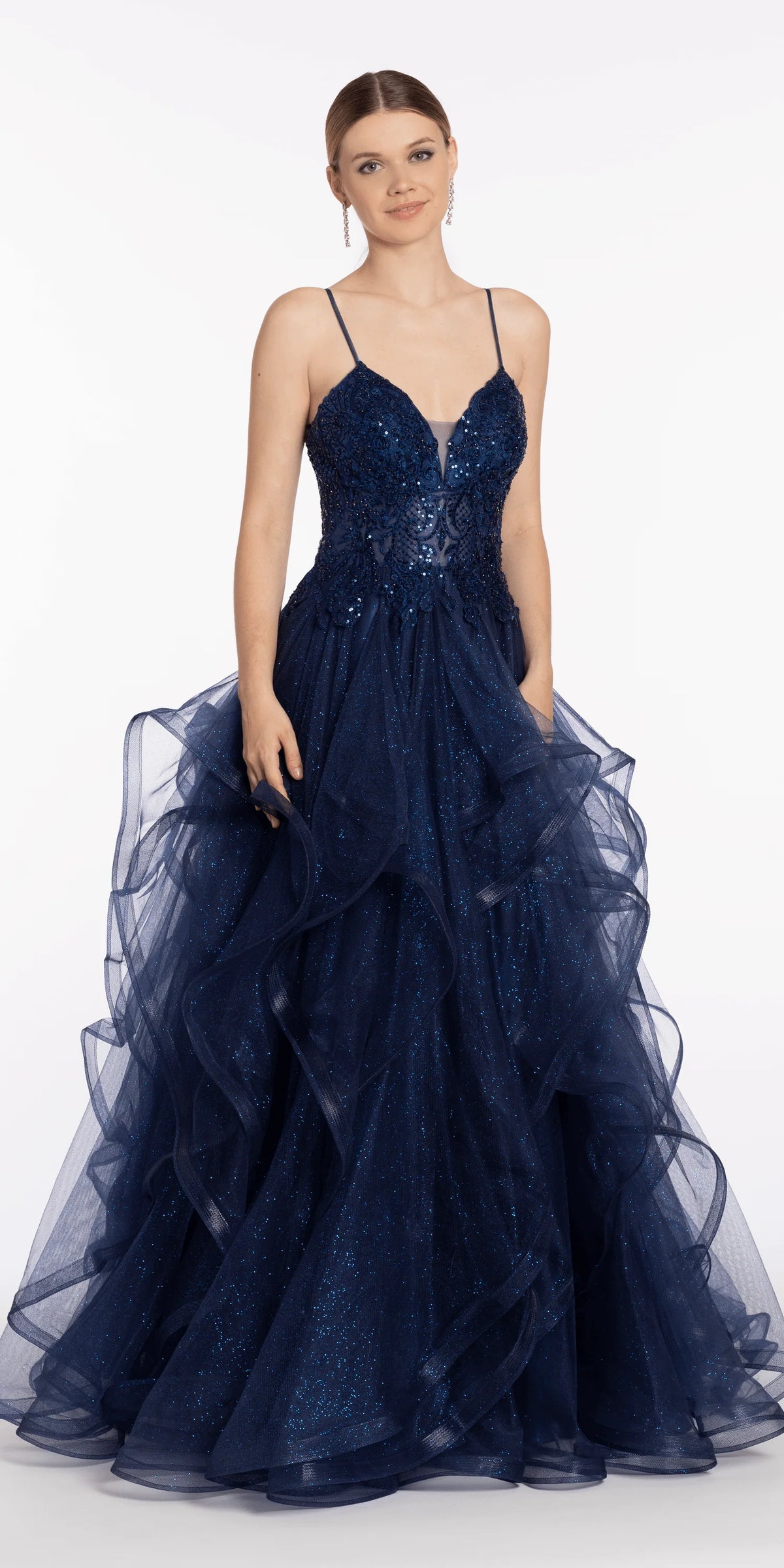 Sequin Plunge Corset Tulle Tiered Ballgown
